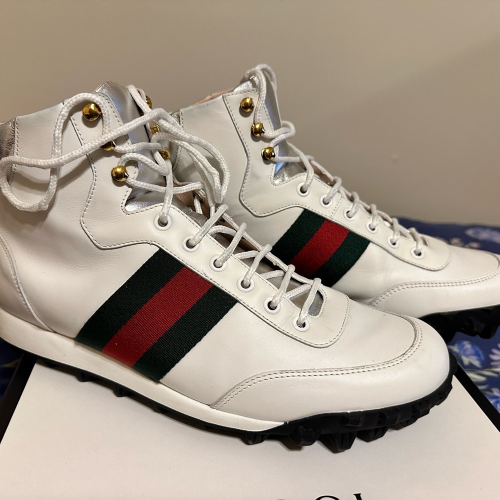 Men’s Gucci White Spiked High Tops, size 9